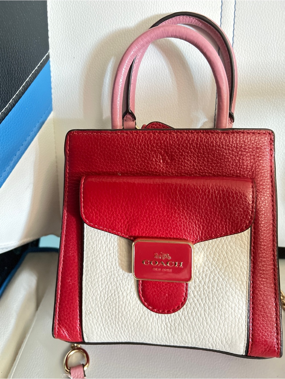 Coach Colorblock Leather Mini Crossbody Satchel |Red, White & Pink - Picture 6 of 6